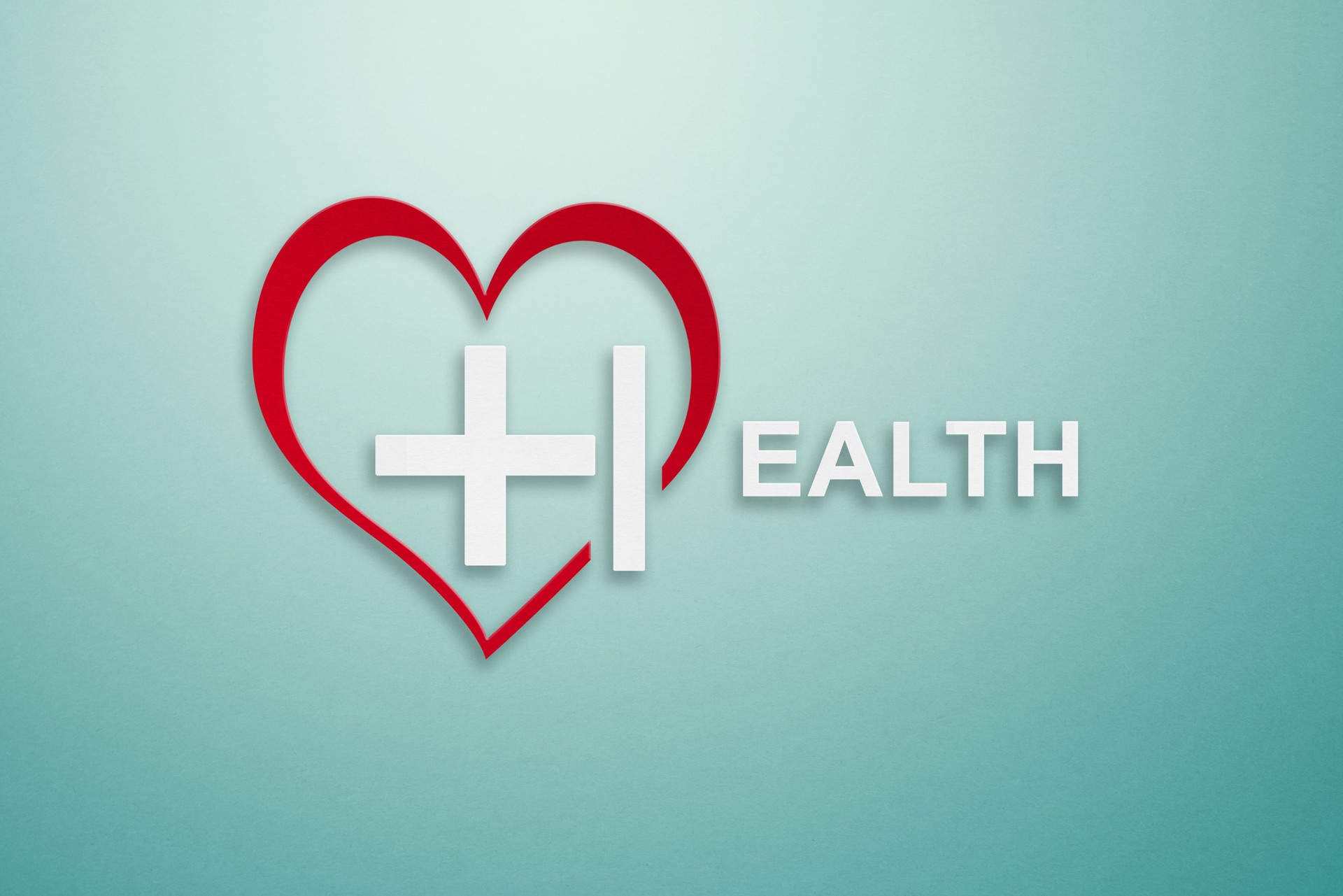For health and medical insurance concept, world health day, wellness, wellbeing. grunge paper cut of Health text with plus in red heart shape on grunge gradient background